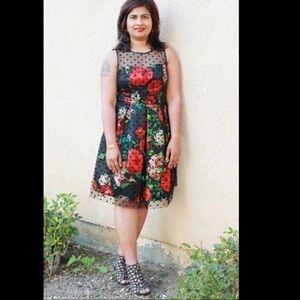SD COLLECTION Mesh overlay red floral flare dress size 14